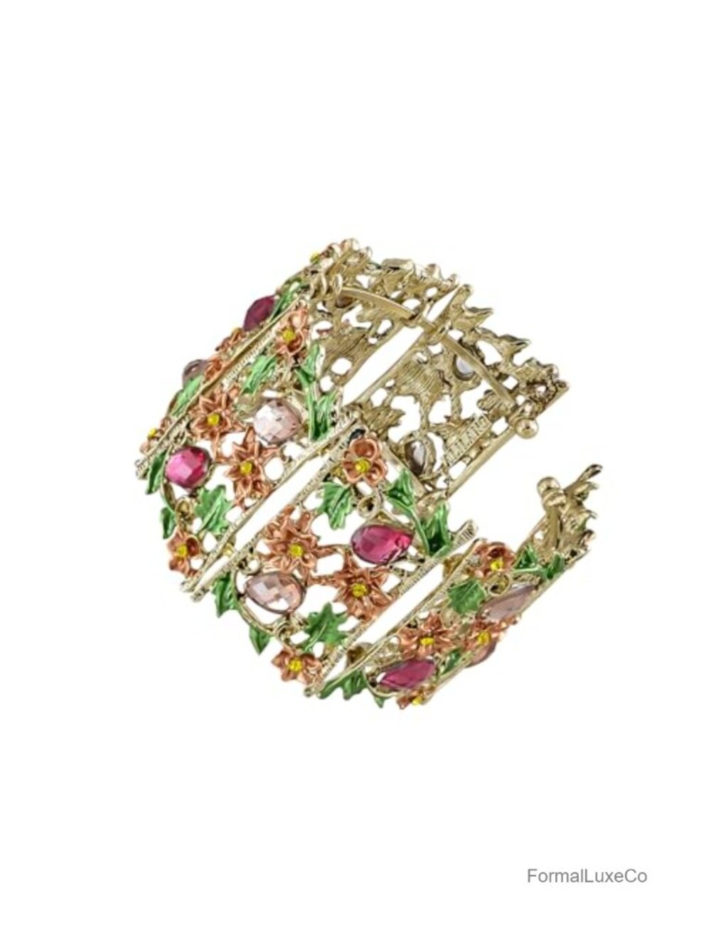Vintage Floral Crystal Rhinestone Enamel Cuff Bangle Bracelet Alloy